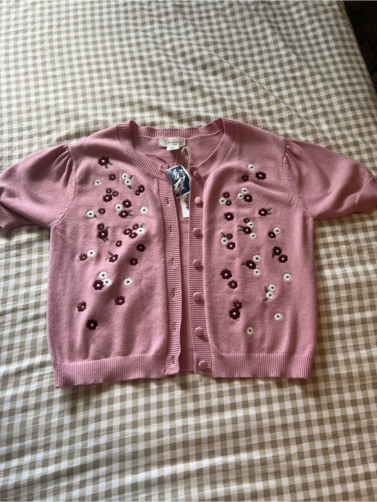 Jessica Simpson Sweaters - Jessica Simpson Pink Floral Embroidered Short-Sleeve Cardigan